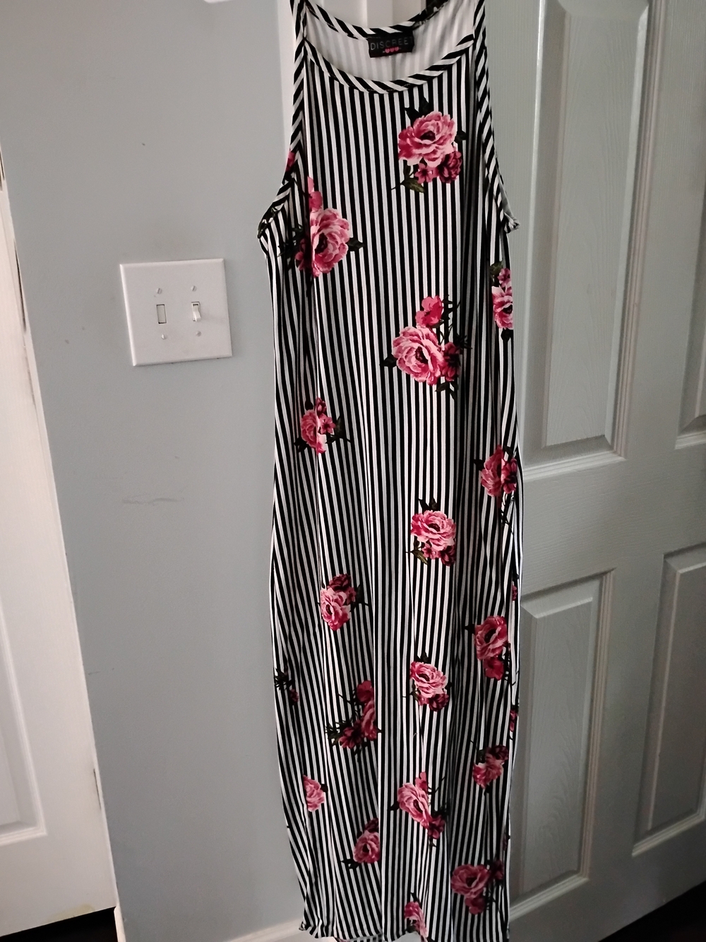 Black & White Striped Maxi Dress with Pink Rose Print